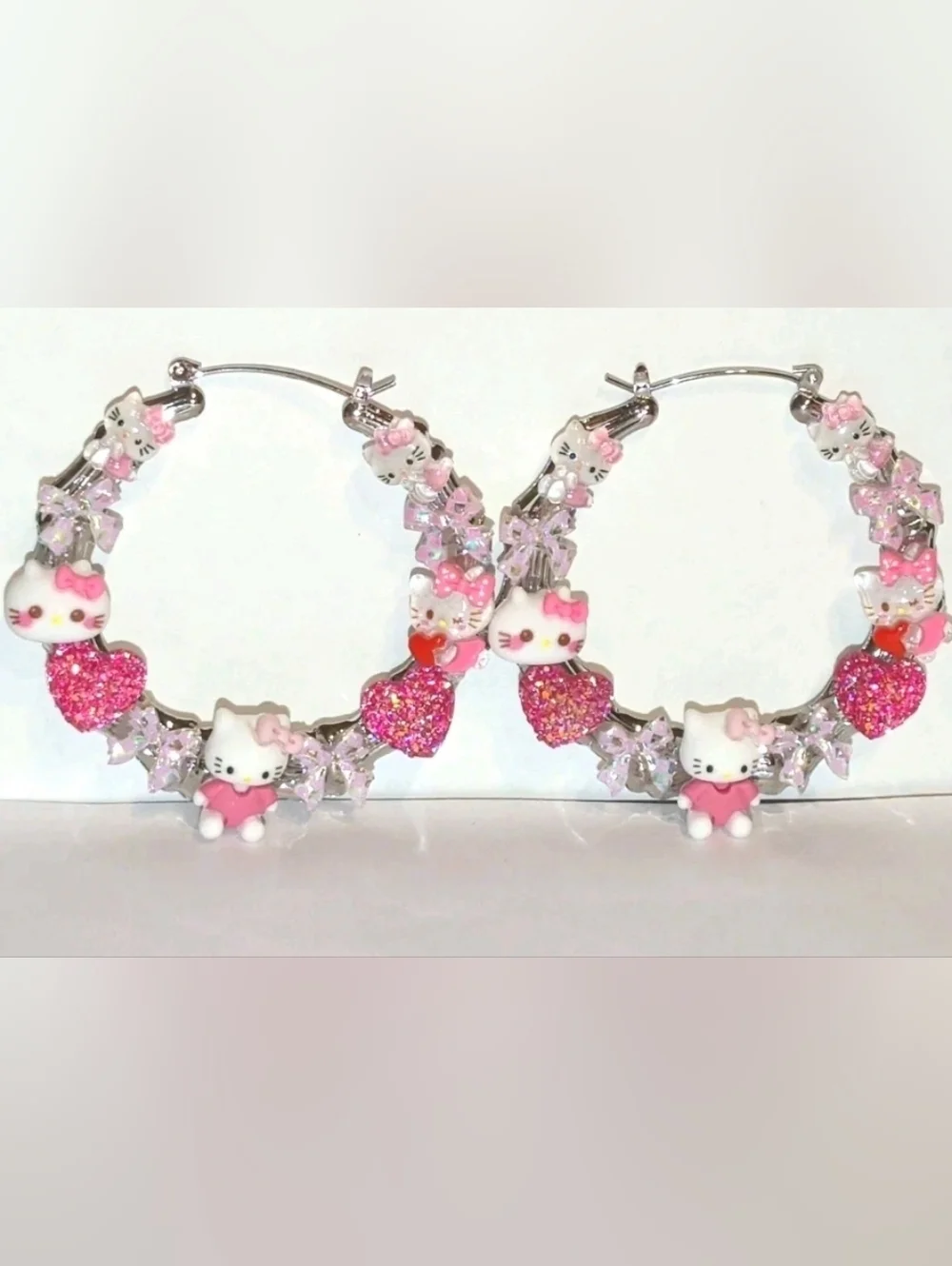 Hand Crafted Pink Hello Kitty Crystal Heart Hoop Earrings